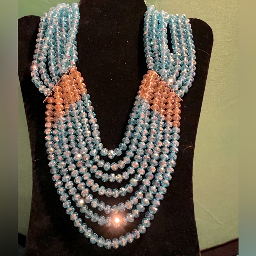 Vintage 7 Strand Polished Round Faceted Aqua And Gold AB Coated Beaded Necklace